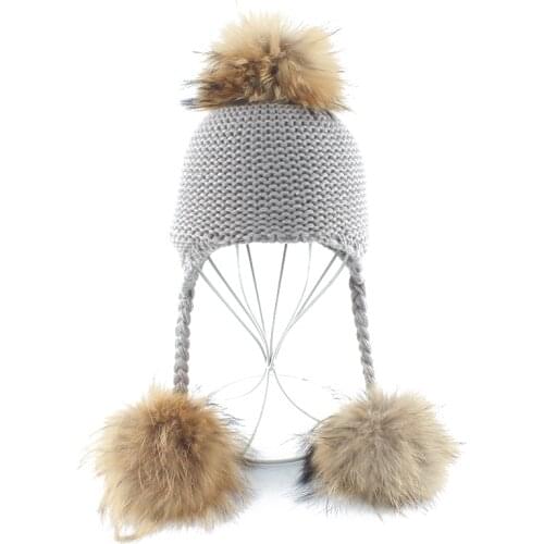 Winter Hat For Kids Real Mink Raccoon Fur Pompom Hat Children Wool Knitted Girls Boys Cap Baby Earflap Skullies Beanies