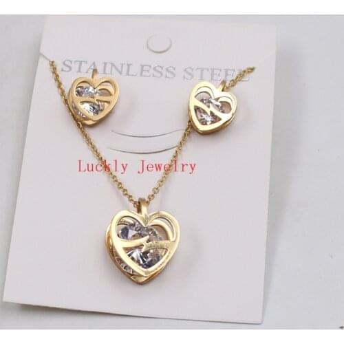 2017 Holiday Gifts Stainless Steel AAA Crystals Drill Love Heart Necklace Pendant & Studs Earring Gold IN Women Jewelry Set