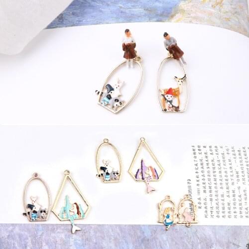 6pcs Diy Jewelry Accessories Elk Rabbit Ears Enamel Mermaid Fairy Tale Alice Pig Style Pendant Material Wholesale