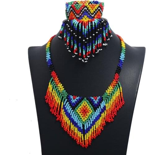 Bohemia Jewelry Sets Colorful Resin Beads Tassel Pendants Necklace Choker Drop Earrings Bracelet Sets Boho Jewelry for Women