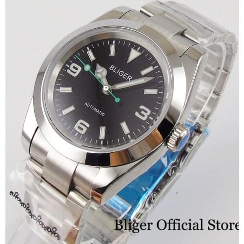 BLIGER Automatic Men Watch Japan NH35 MIYOTA 8215 Green Second Hand Brushed Oyster Strap Flat Sapphire Crystal Seeing Back