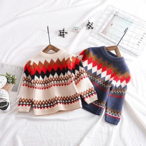 Baby Kids Jacquard Long Sleeve Knit Sweater Geometric Printed Children Pullover Autumn Winter Boys Girls Cotton Sweater 12M-5T