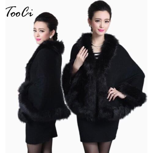 Poncho Faux Fur Coat Spring Black Sweater Cardigan For Women Fox Fur Collar Red Cape Bridal Wedding Wool Shawl Cape Winter