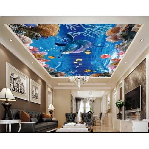 Custom photo 3d wallpaper ceiling mural Sea world dolphin fish coral home decor 3d wall murals wallpaper in the living room