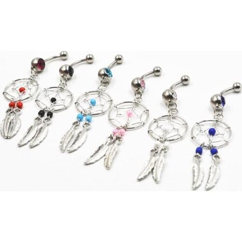 30pcs Surgical Steel Bar Hand Made Dream Catcher Navel Belly Ring Button Bar 14g Dangle Navel Rings Body Piercing Jewelry