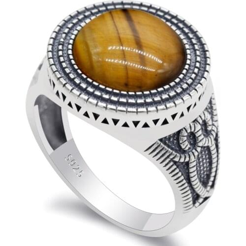 Turkish Mens Ring Sterling Silver 925 Natural Tiger Eyes Gem Stone Rings Vintage Owl Pattern Lovely Lucky Jewelry Gift