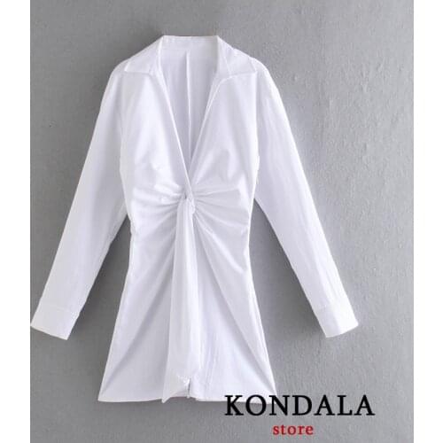 KONDALA Women Chic White Bow Sashes Pleated Dress Za Fashion V Neck High Street Mini Dress Spring 2021 Shirt Dresses Vestidos