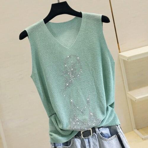 Summer Thin Bright Silk Knitted T Shirt for Women New Fashion Back Rhinestones Sleeveless T-shirt Outwear Ladys Tops Tshirt