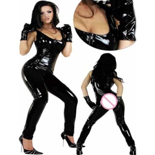 Hot Selling New Fancy Bodysuit Sexy Ladies Japanned Leather Tights Front Crotch Two Ways Zipper Jumpsuit Costumes