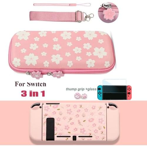 Cute Cartoon Pink Sakura portable Storage Bag Carry Case Cover for Nintendo Switch Game Accessories+TPU Case+Glass film+Caps