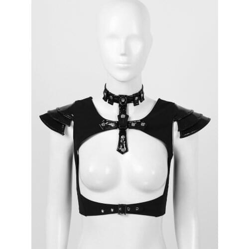Fashion Patent Leather Tops Women Porno Erotic Halter Neck Short Sleeve Cutout Waistcoat Adjustable Buckle Front Cropped Vest