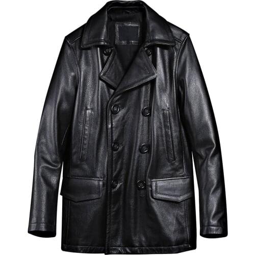 Winter Warm Trench Coat Genuine Leather Windbreaker Double Breasted Suit Blazer Jacket and Coat Men Real Leather Coat Plus 5XL