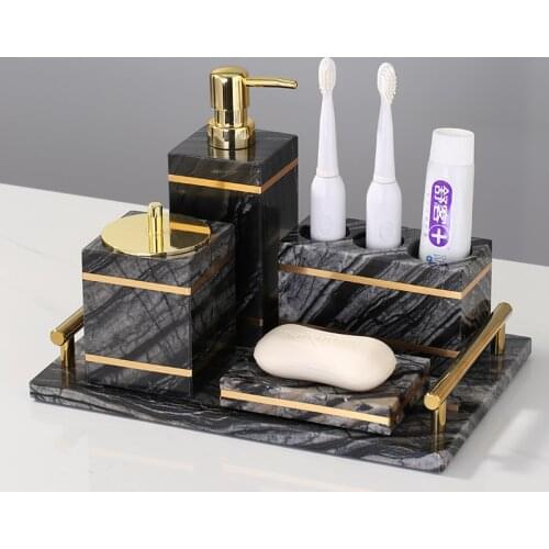 Bathroom Set Marble Liquid Soap Dispenser Toothbrush Holder Dish Gargle Cup Tray CottonSwab Box Aromatherapy Bottle Nordic Style