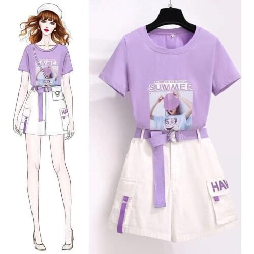 2021 New Casual Suit Female Printed T-Shirt Shorts Two-Piece Set Summer Trend Top Blouse Girl Plus Size High Waist Simple Pants