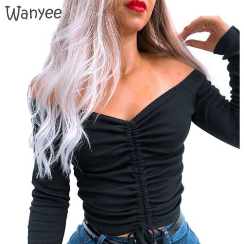 New Sexy Deep V-neck Tops Female Drawstring Tie Up Front T Shirt Spring Streetwear Slim Long Sleeve Ribbed Slim-Fit Fashion