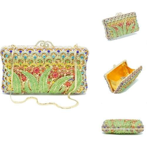 New Arrived Gold Rhinestone Metal laies Clutches Pattern Peacock Feather Women Evening Bag Wedding Diamond Purse