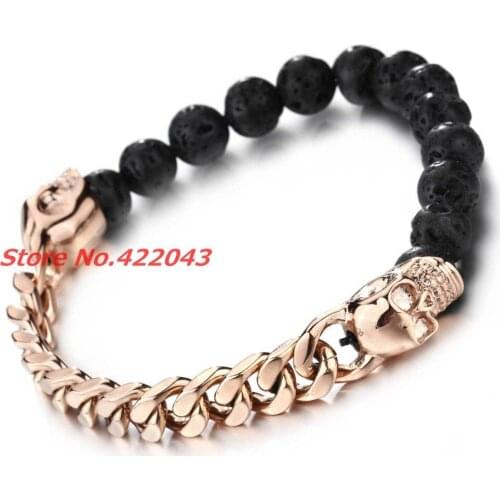 New Design High Quality Black Lava Stone Beads Jewelry With Rose Gold Tone Skull Cuban Chain Bangles Bracelets COOL Party Gift