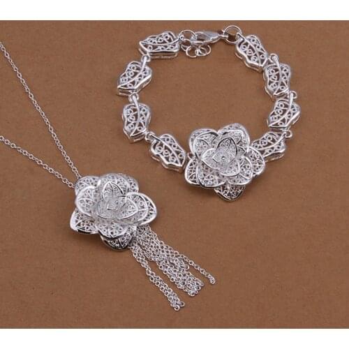 Wedding jewelry female elegant charm big flower pendant necklace bracelets fashion Silver color jewelry Set S438