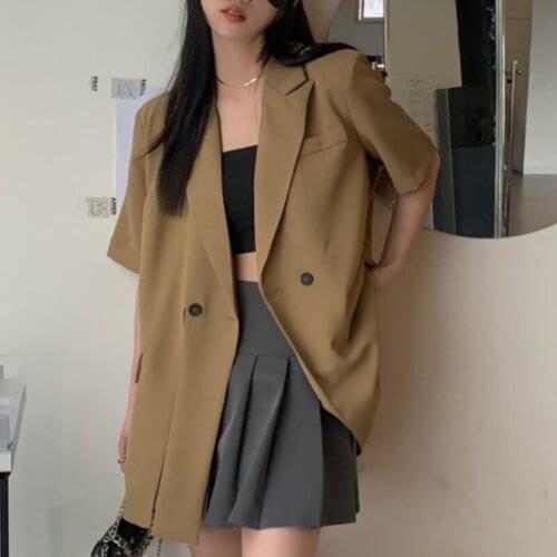 Casual Loose Short Sleeve Coat Women Loose Turn Down Collar Solid Color Split Hem Korean Style Blazer Femenino Summer Cardigans