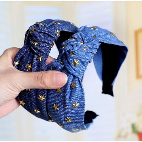 Bohemian Ethnic Denim Center Knot Hairband Punk Metal Star Stamping Knotted Wide Dark Blue Headband Hair Accessories Headwear
