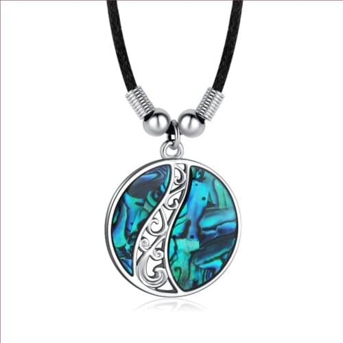Trendy Silver Plated Round Abalone Shell Pendant Black Rope Chain Necklace Simple Style Jewelry