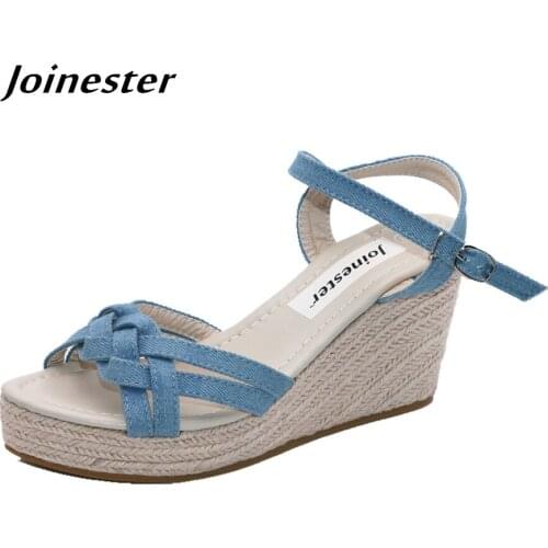 Open Toe Women Wedge Sandals Ladies Denim Braided Platform Sandals Buckle Strap Summer Shoes for Female Beach Espadrilles