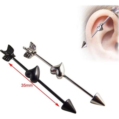 SaYao 1pcs New Surgical Stainless Steel 1.2*35*5/6mm Spike Arrow 16G Industrial Barbell Piercing Heart Love Ear Piercing Jewelry