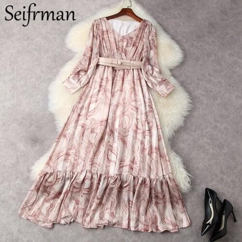 Seifrmann New 2021 Summer Women Fashion Runway Party Maxi Dress Lantern Sleeve Sashes High Waist Printed Ladies Chiffon Dresses