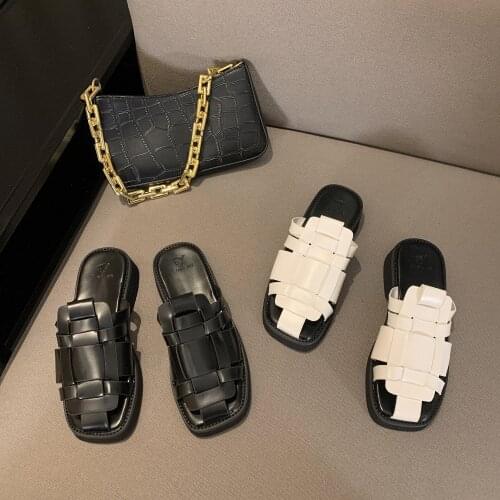 Chic Cut out cover toe mules femme cross narrow band weave slippers women sandals summer shoes low heels gladiator slides 2021