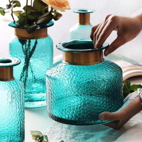 Copper Ring Glass Vase Home Decoration Accessories Modern Lake Green Water Cube Flower Vase Plants Ornament Containers Holders
