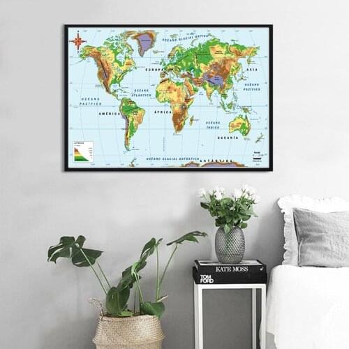 In Spanish The World Topography And Altitude Map 90*60cm Canvas Painting Non-toxic Wall Art Poster Living Room Home Decoration