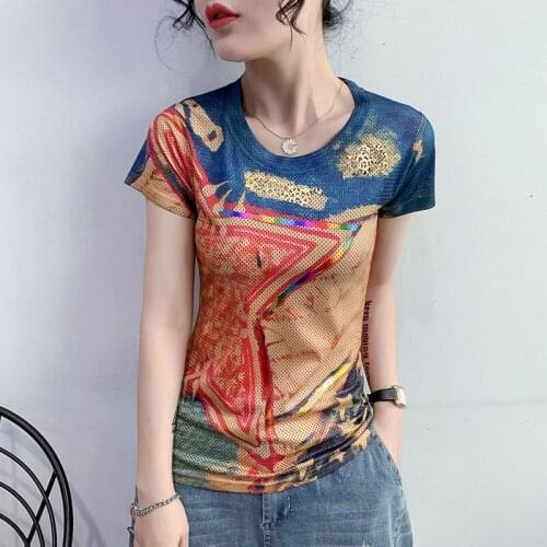 Printed bronzing short sleeve T-shirt womens 2021 summer new color base shirt Korean slim mesh coat