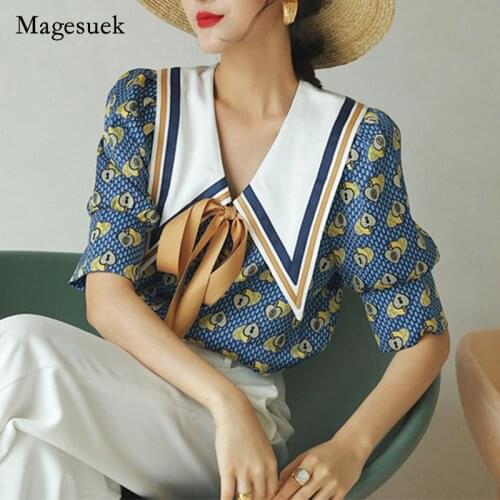 Summer Blouse Woman Vintage Chic Printed Shirt Bow Tie Shirts Korean Puff Short Sleeve Loose Women Tops Fashion Clothing 14636