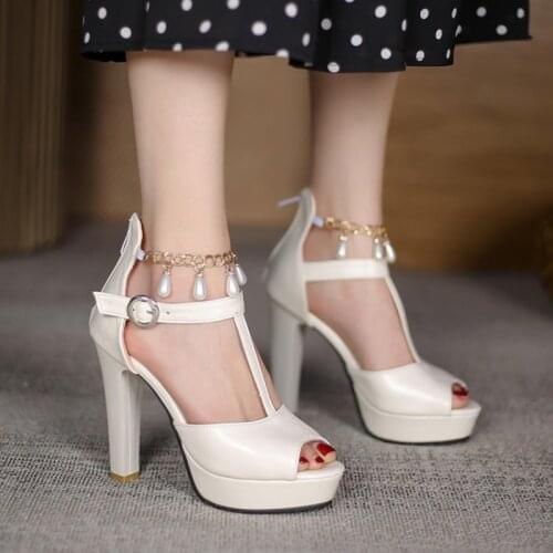 Ochanmeb Big Plus Size 45 Women Peep Toe Ankle Metal Chain Strap Drop Pearls Sandals Women Beige White High Heels Platform Shoes