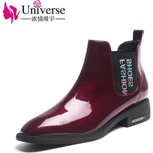 Universe Women Shoes Patent Leather Woman Ankle Boots Slip On Ladies Printed Boots For Women Chelsea Autumn Winter Boots J288
