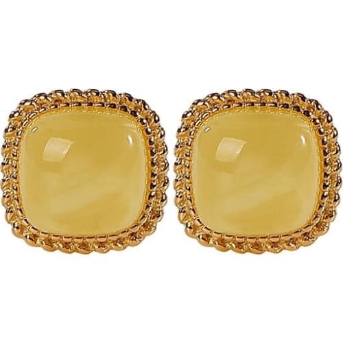 S925 sterling silver gold-plated natural amber beeswax stud earrings graceful and petite versatile womens geometric square
