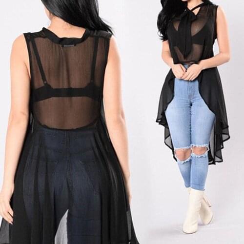 Hot-Selling Fashion Womens Sleeveless Top 2021 Pure Color Transparent Loose Top Casual Summer See-Through Long Top Streetwear