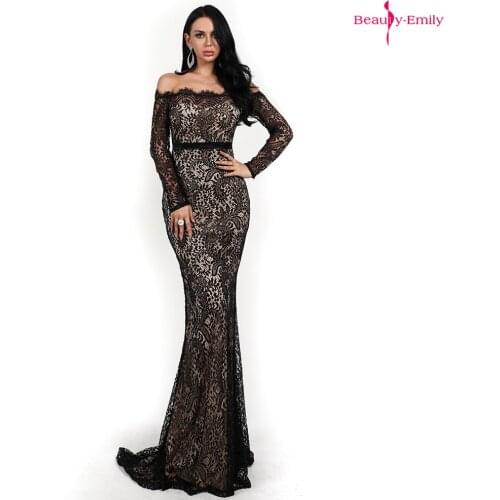 Beauty-Emily 2019 Sexy Boat Neck Evening Dresses Lace Appliques Full Sleeves Long Mermaid Dress Zipper Back Party Dress Vestidos
