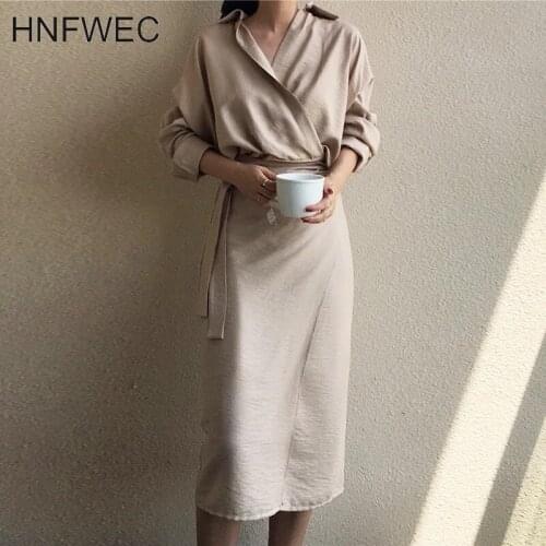 2020 Summer New Women Autumn Elegant Solid V-neck Bandage Bodycon Long Shirt Dress Female Solid Plus Size Long Sleeve Robe T174
