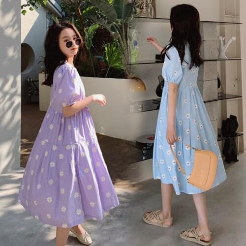 Daisy Embroidery Summer Dress Women Loose Oversized Long Midi Dress Casual Cotton Linen Short Sleeve Korean Party Dress