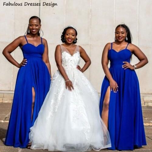 Smple A Line Long Bridesmaid Dresses Royal Blue Spaghetti Strap With Split V-neck Women Wedding Guest Dress Party Gown
