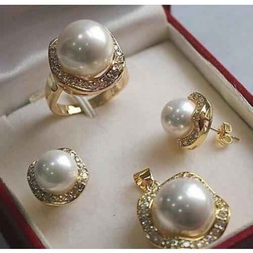 10mm & 14mm branco concha do mar do sul pérola brincos colar conjunto anel aaa estilo fino nobre real natural