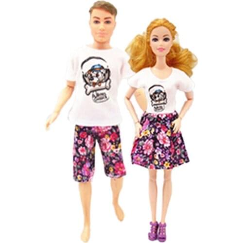 2sets/lot Couple Lover Casual Wear Costume for Barbie Doll Outfits Top Shirts Floral Shorts Pants Clothes for Ken Boy Male Doll