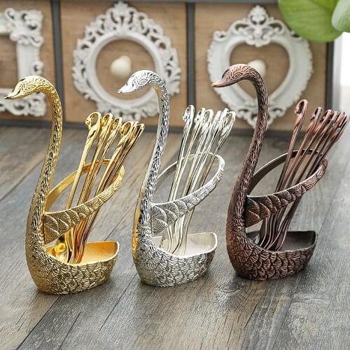 7Pcs Swan Fruit Base Holder Forks Set Stainless Steel Salad Dessert Forks Coffee Spoon Cake Tableware Zero Waste Talher Flatware