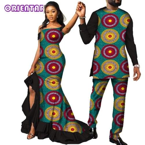 African Clothes for Couples African Print Long Dress for Women African Suits Set for Men Bazin Riche Couple Clothing WYQ567