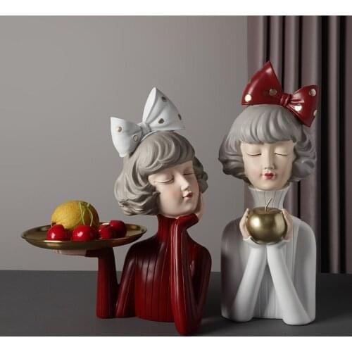 Home Decoration Bow Girl Metal Tray Girl Holding an Apple Statue Decorative Figures Entrance Coffee Table Storage Ornaments Gift