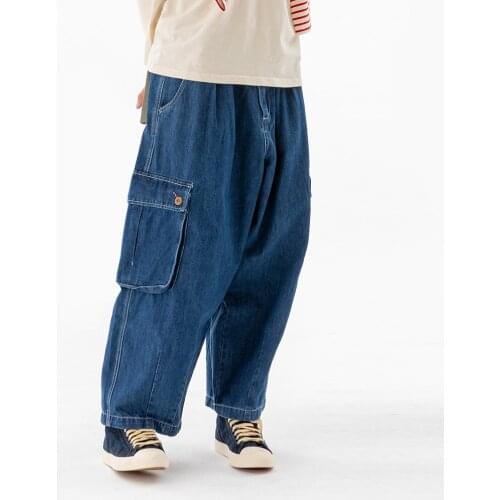 Multi-Pocket Baggy Jeans Mens Casual Loose Elastic Waist Wide-leg Denim Pants Men Cargo Trousers Harem Pants