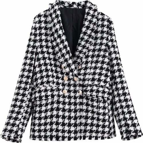 Evfer Women Fashion Houndstooth Winter Za Woolen Long Outewear Autumn Stylish Ladies Double Breasted V-neck Jackers Coats Chic