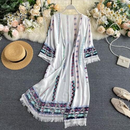 Spring Summer Womens Jacket Retro Ethnic Style Printed Thin Open Stitch New Tassel Stitching Loose Female Coats LL961
