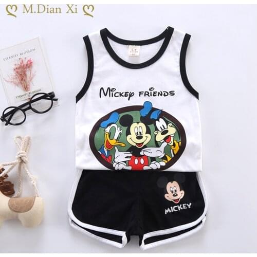 Summer Cartoon Mickey Mouse Donald Kids Boy Clothes Sleeveless Top+Pant Shorts 2Pcs Set Baby Boy Clothing Set Fashion Sport Suit
